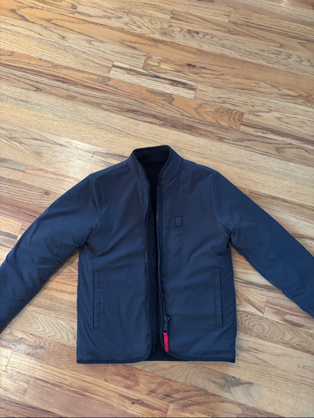 Topo Designs Reversible Black Bomber Jacket with Sherpa Lining